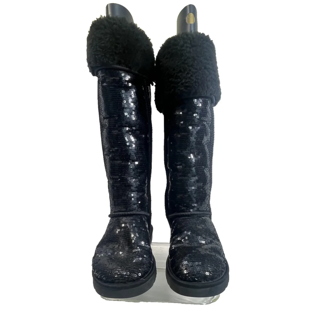 UGG Black Tall Over Knee High Sequin Shearling Button‎ Boots Womens Size 7 Rare